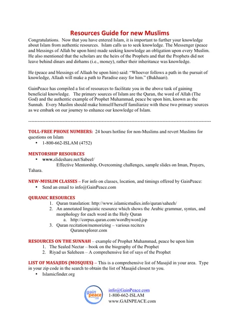 Resources Guide for New Muslims by GainPeace